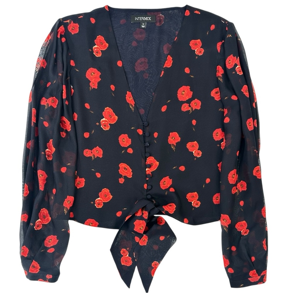 INTERMIX 100% Silk Navy Black Red Floral Tie Waist V-Neck Long Sleeve Silk Top